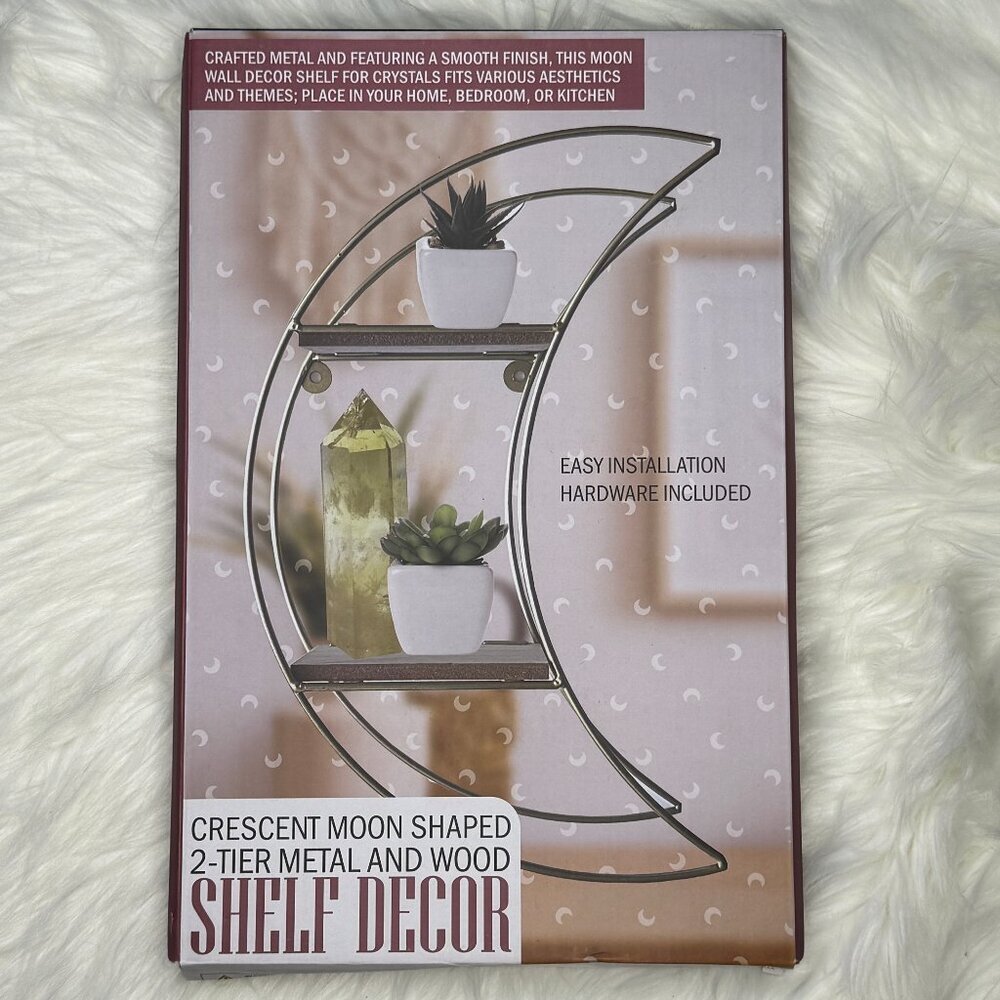 Crescent Moon Shaped 2-Tier Metal and Wood Shelf Decor (crystals not included) - Picture 2 of 2